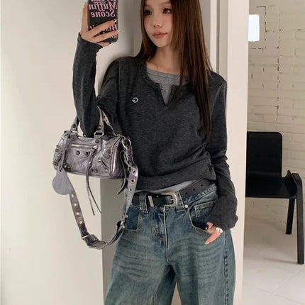 2024 Autumn Winter Long Sleeves Korean Fashion Style O-neck T-shirt For Women Fake Two-Piece T-shirts Ladies Top Tee Clothes