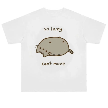 Japanese Polka Dot Cute Lazy Cat Print Loose T-shirt Aesthetics Kawaii Cartoon Tops Women's Sweet Harajuku Grunge Tees Y2k Tops
