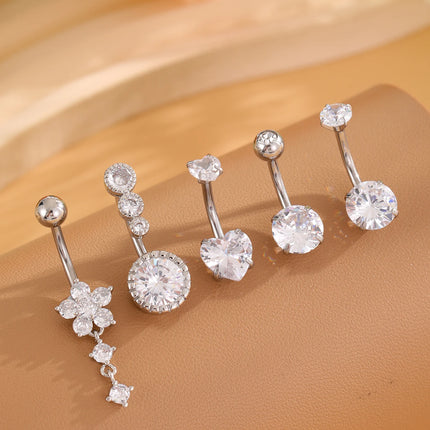 3-5pcs Mixed-Style Sets Heart Flower Dangle Belly Button Rings Stainless Steel Butterfly Curved Zircon Belly Piercing Navel Ring
