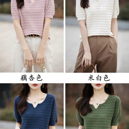 Women's T-shirt Summer New 100% Pure Cotton Tees Casual Solid Knitted Short sleeved V-neck Pullover Loose Tops Fashion Sweater