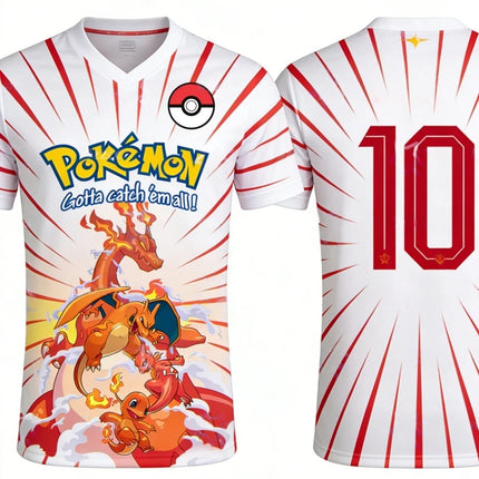 Summer 2026 Pokemon "Fire Evolution Chain" No. 10 Football Sports Theme 3D Printed Breathable T-shirt Adult Parent-child Top