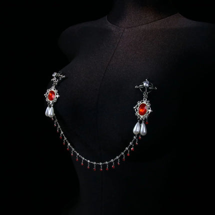 Red Tassel Gem Nipple Clamps Erotic Collar Body Chain Chest Restraint BDSM Women's Sexy Body Accessories Fetish Adult Sex Toys