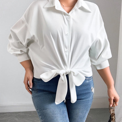 Large Size Ladies Pure Color Shirt with Butterfly Knot Collar Simple Daily Match Sunscreen Long Sleeve Shirt
