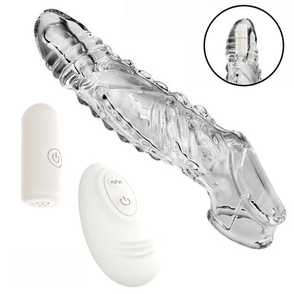 Vibrating Penis Sleeve Extender Condom Vibrator Trainer Testicles G Spot Stimulation Delayed Ejaculation Sex Toy for Men Couple