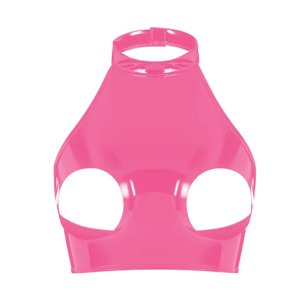 Sexy Women Halter-neck Hollow Out Lingerie Open Cup PVC Leather Crop Tops Wet Look Latex Bras Clubwear Exotic Backless Camisoles