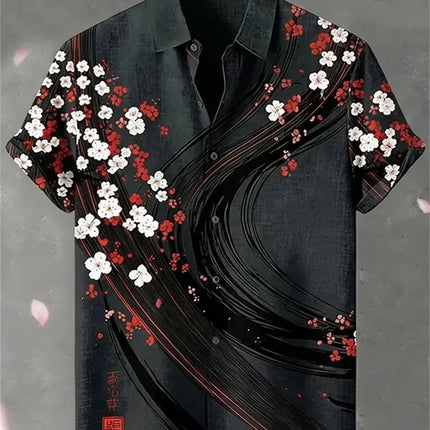 New Wave Cherry Blossom Printed Short Sleeve Shirt Texture Men's Travel and Leisure Versatile Short Sleeve Top