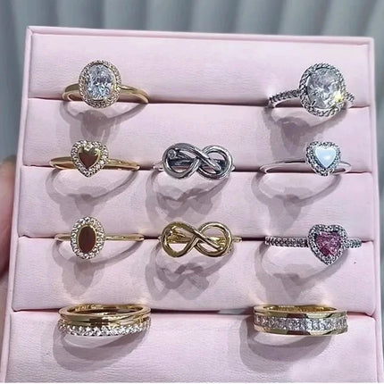 fashion 925 Sterling Silver Oval Cut Zirconium&Heart-Shaped&Double Ring&Bubble Bead Ring Golden Temperament Jewelry