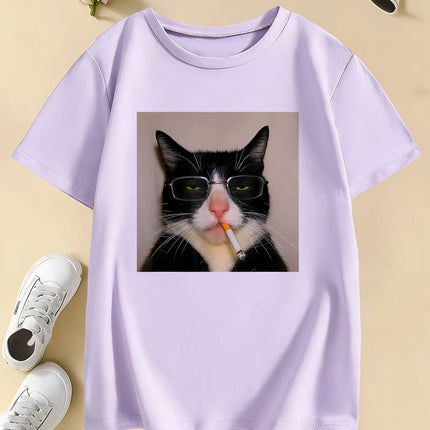 Fashion Retro Vintage Smoking Cat Design Print T-Shirts Kids Children's T-Shirt Casual Boys Girls Summer Spring Casual Top Tee