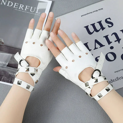 Punk Style Willow Nail Leather Half Finger Gloves for Women Cool Sexy Rock Dance Gloves Sexy Wrist Wrapping Hollow Gothic Gloves