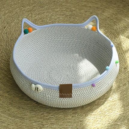 Durable 2-in-1 Cat Scratcher & Bed + Colorful Balls. Space-saving, natural style for cats & small dogs.