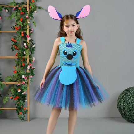 Baby Girls Stitch Cosplay Costume Alien Cartoon Animal Fancy Tutu Dress  Halloween Carnival Party Outfit with Ears Hairbow