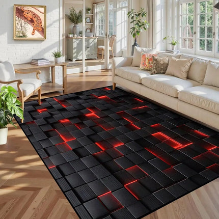 Black Red 3D Cube Print Rug, Glowing Square Block Geometric Pattern, Non-Slip Washable Mat for Living Room Sofa Dining Room Indoor