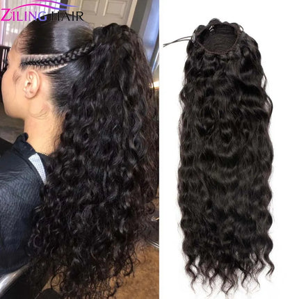 100g Natural Wave Drawstring Ponytail Human Hair Clip In Extensitons Natural Black Water Wave Pony Tail Brazilian Hair For Women
