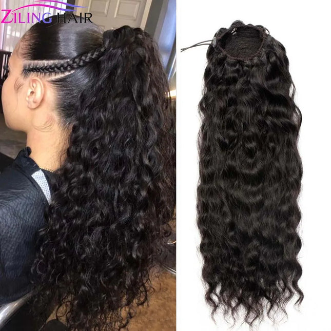 100g Natural Wave Drawstring Ponytail Human Hair Clip-In Extensions Natural Black Water Wave Ponytail Brazilian Hair for Women