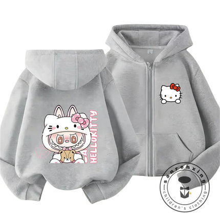 New Kids Zip Hooded Sweatshirt Hello Kitty Trendy Kawaii Design For Boys Girls Autumn Winter Wear 3-14 Age
