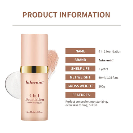 Foundation 4 in 1 - Medium Spectrum with SPF 30+, Longwearing & Waterproof Hydrating Color Changing Foundation Women Cosmetics