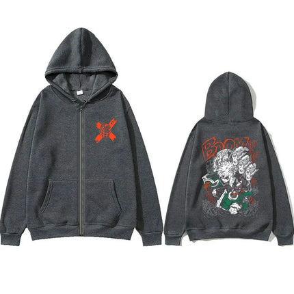 Anime My Hero Academia Zipper Hoodie Cartoon Bakugou Katsuki Graphic Zip Up Jacket Men Women Manga Oversized Zip Up Sweatshirt