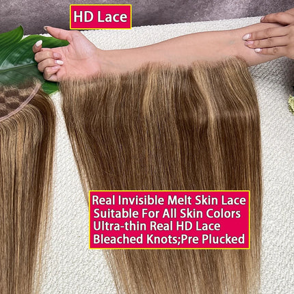 #P427 Highlight Color Straight Hair 13x4 HD Lace Frontal Pre Plucked Melt Skins Invisible HD Lace 100% Raw Virgin Human Hair