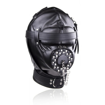 PU Leather Full Head Bondage Hood Mask Adjustable BDSM Headgear Blindfold with Chain Leash Role Play Costume Accessories