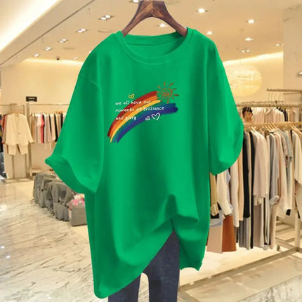 Women Clothing Fashion Hand-Painted Rainbow Print Tshirt Summer O-neck Short Sleeve 100 Cotton Basic Tee Loose Chic Top 45-105Kg