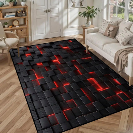 Black Red 3D Cube Print Rug, Glowing Square Block Geometric Pattern, Non-Slip Washable Mat for Living Room Sofa Dining Room Indoor