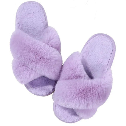 Evshine Women Fuzzy Slippers Fashion Cross Band Memory Foam House Slippers Indoor Outdoor Open Toe Plush Slides Casual Flat Shoe