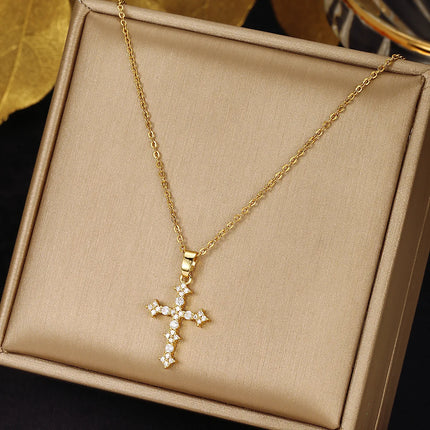 Female Full Zircon Big Cross Pendant Chains Necklaces For Women Gold Color Metal White Stone Clavicle Necklace Birthday Jewelry
