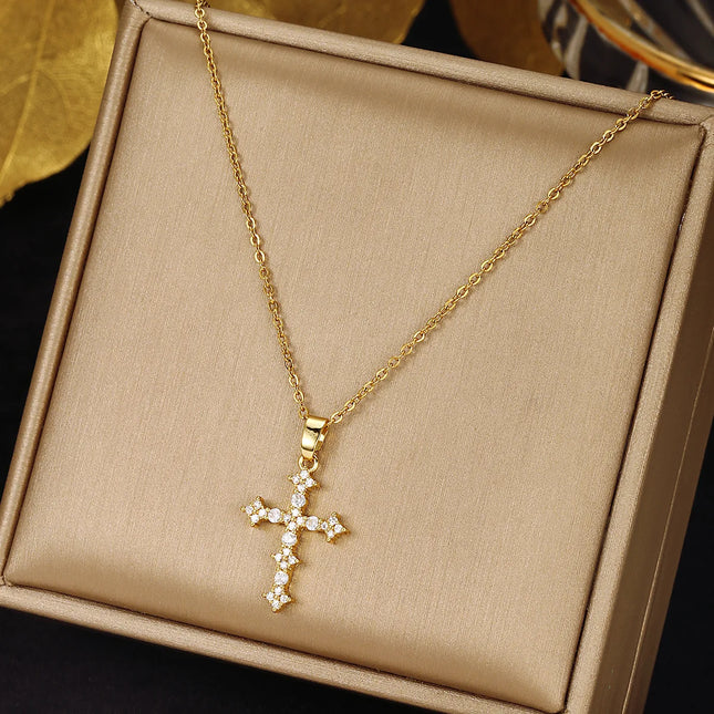 Female Full Zircon Big Cross Pendant Chains Necklaces For Women Gold Color Metal White Stone Clavicle Necklace Birthday Jewelry