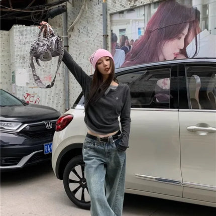 2024 Autumn Winter Long Sleeves Korean Fashion Style O-neck T-shirt for Women Fake Two-Piece T-shirts Ladies Top Tee Clothes
