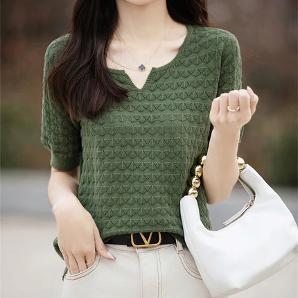 Women's T-shirt Summer New 100% Pure Cotton Tees Casual Solid Knitted Short sleeved V-neck Pullover Loose Tops Fashion Sweater
