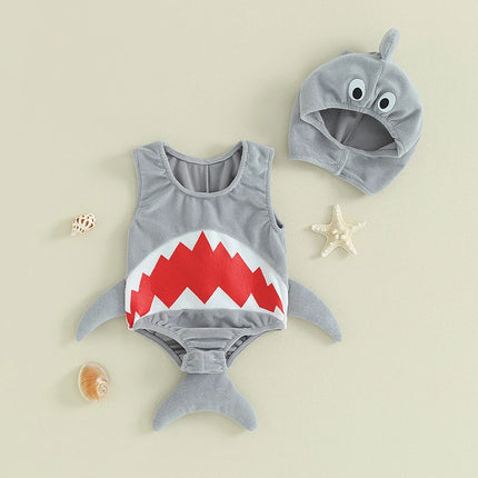 Pudcoco Baby Halloween Shark Rompers Infant Boys Girls Mouth Print Sleeveless Bodysuit with Hat Newborn Jumpsuits Costume