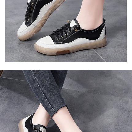 Genuine Leather Women Soft Sole Walking Shoes Girl Student Jogging Sneaker White Black Flats Female Casual Skate Trainers Summer