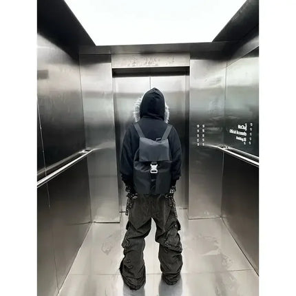 2026 New Unisex Y2K Street Hip Hop Black Hoodie Detachable Fur Collar Stitching Windproof Warm Couple Streetwear Coat