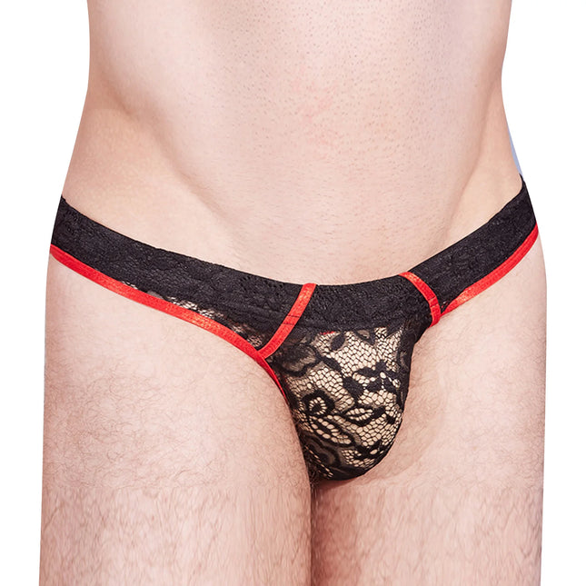 Mens Sissy Lace Briefs T-back G-string Underwear Floral Lace Sheer Mesh Low Rise Panties Bikini Lingerie Club Dating Nightwear