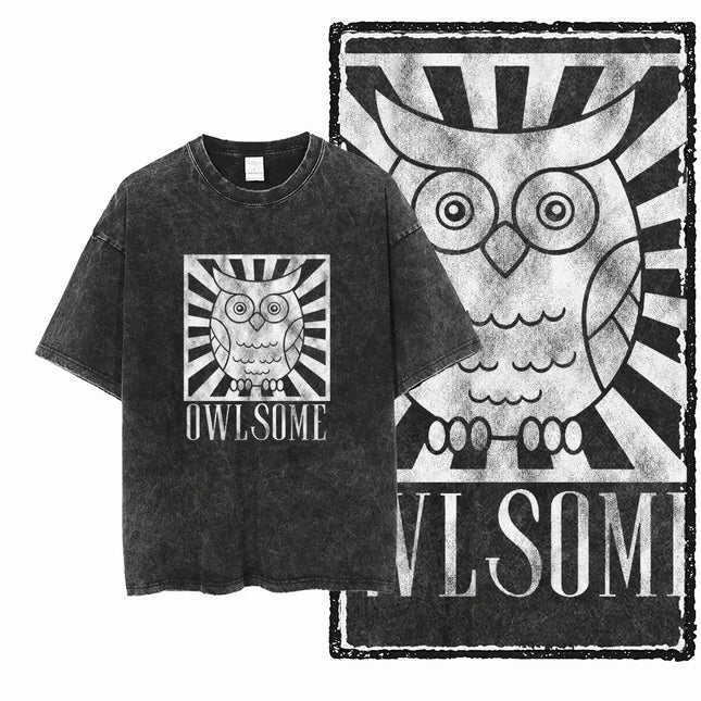 DH OWL Printed 100% Cotton Acid Washed Exclusive Graphic Unisex T Shirt Cool Vintage Streetwear Men Tshirts Big Size Tee for men