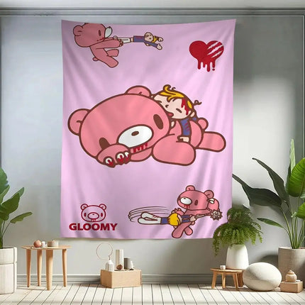 VIKAMA Cute Pink Bear Cartoon Tapestry, Wall Hanging For Living Room, Bedroom, Gaming Room, Dorm And Birthday Party Home Decor