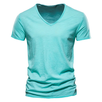 Brand Quality 100% Cotton Men's T-shirt V-neck Fashion Design Slim Fit Solid T-shirts Male Tops Tees Short Sleeve T-Shirt For Men