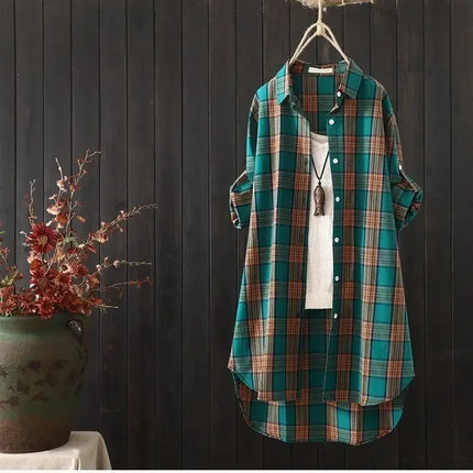 Plus Size Korean Style Plaid Blouses Medium Long Casual Style Shirt Loose Women All Match Long Sleeved Shirts Sunscreen Blouses