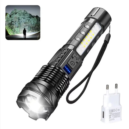 Powerful LED Flashlight Type C Rechargeable Waterproof Torch with Side Light 7 Modes Zoomable Lamp for Camping Fishing Lantern