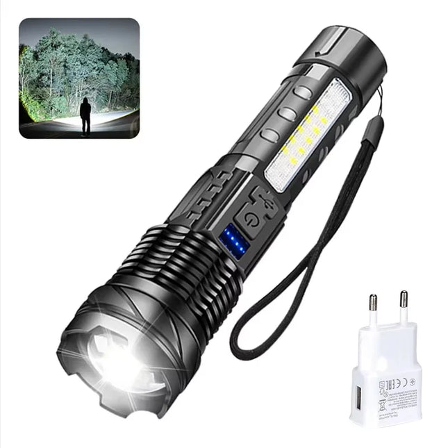 Powerful LED Flashlight Type C Rechargeable Waterproof Torch with Side Light 7 Modes Zoomable Lamp for Camping Fishing Lantern