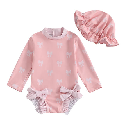 0-3Y Kids Baby Girl Rash Guard Swimsuits Lovely Bow Print Long Sleeve Ruffled Trim Romper Bathing Suit Infants Swimwear with Cap