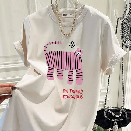 Summer New Fun Tiger Cartoon Print T-shirts Women Clothing Fashion All-match Pure Cotton Short Sleeve Top Tee Y2k Loose Pullover