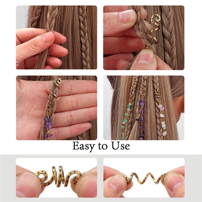 Natural Chip Stone Pendant Hair Accessories For Women Girl Wire Wrapped Hair Twists Spiral Hair Cuff Clips Headwear Dreadlock