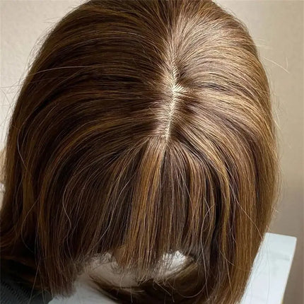 Short Straight Bob with Bangs Ombre Chocolate Brown with Blonde Streaks Synthetic Lace Front Wig Heat Resistant Fibre Wig Daily