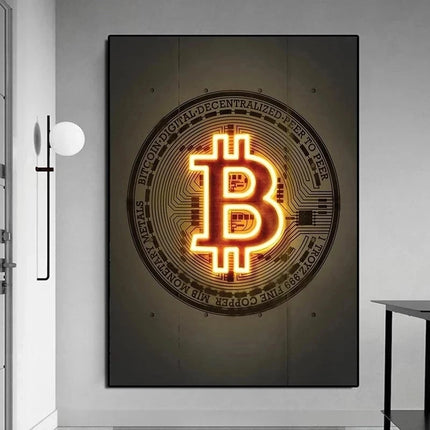 Neon Bitcoin Bull Crypto Gold Wall Art Canvas Painting Cattle Poster and Print Picture Home Decoration for Living Room Decor