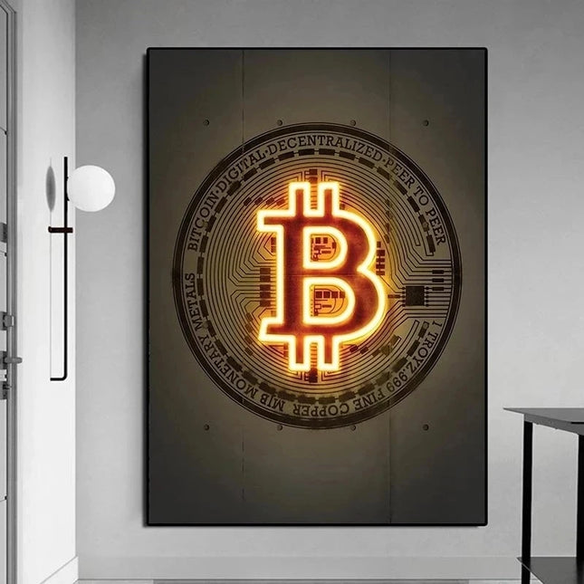 Neon Bitcoin Bull Crypto Gold Wall Art Canvas Painting Cattle Poster and Print Picture Home Decoration for Living Room Decor