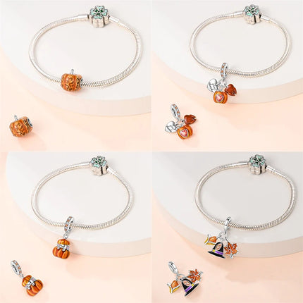 Autumn New 925 Sterling Silver Brown Maple Leaf Pumpkin Bee Charms Bead Fit 3mm 925 Original Bracelets DIY Jewelry Warm Gift