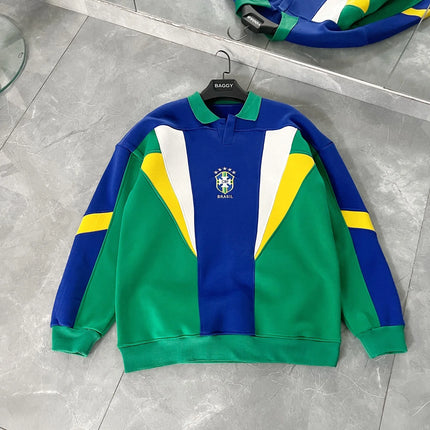 2026 New Arrival Women Y2K Retro Brazil Soccer Sweatshirt Color Block Lapel Polo Collar Oversized Sporty Top