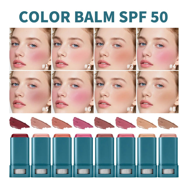 SPF 50 Sun Color Blush Balm Lip & Cheek Tint Hydrating Water Resistant Long Lasting Buildable Blush Natural Makeup