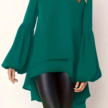 Plus size women's spring & summer solid color polyester non-elastic long back hem elegant lantern sleeve chiffon long sleeve top